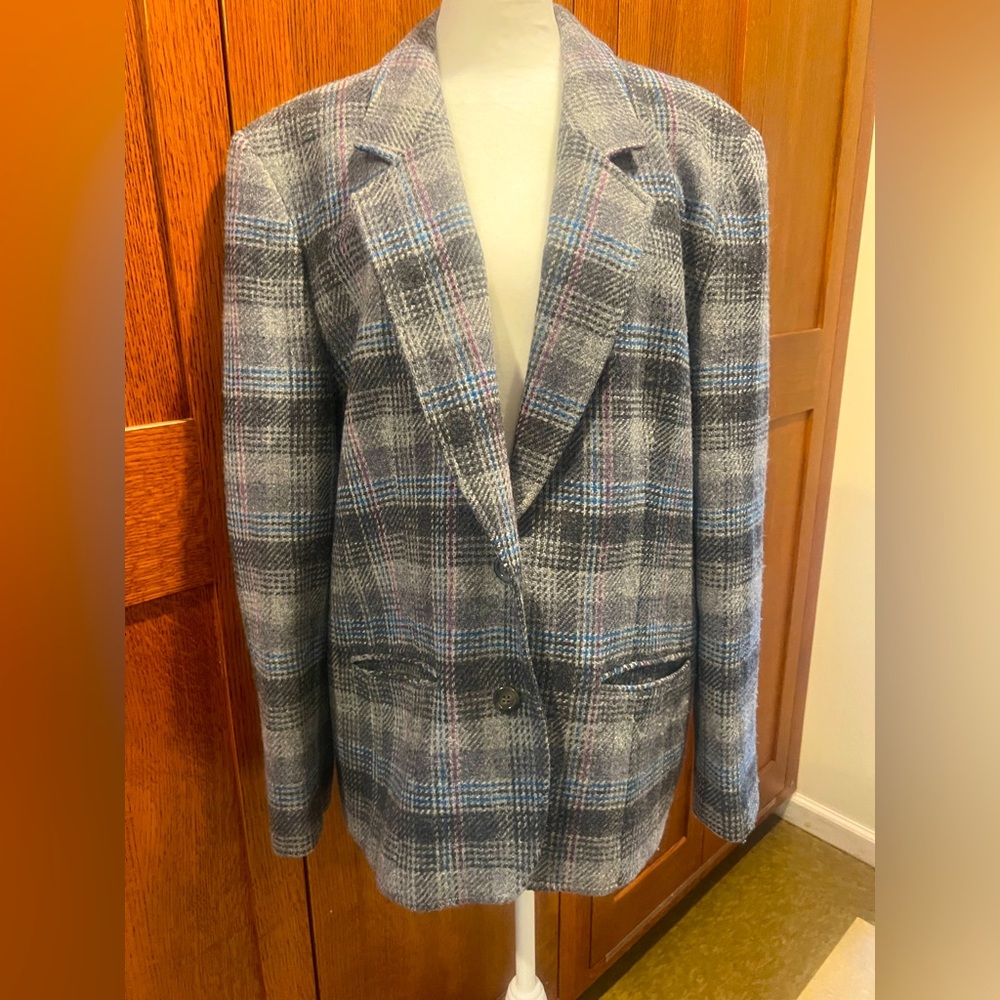 Vintage Pendleton Grey Plaid Wool Blazer 🩶 Jacket Blue Pink Highlights Size 16